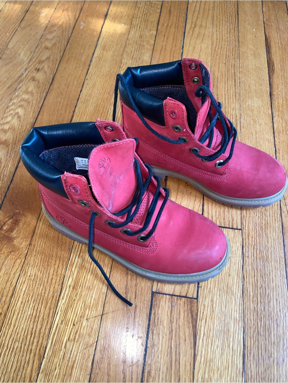 Timberland Kids Red Leather Ankle Boots with Black Collar